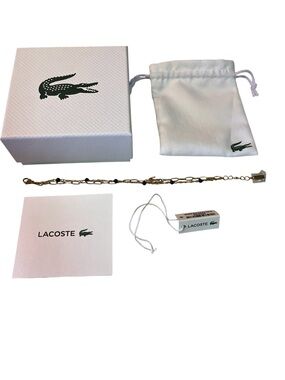 New LACOSTE Deva Black Onyx Stone Bead Crocodile Charm Bracelet